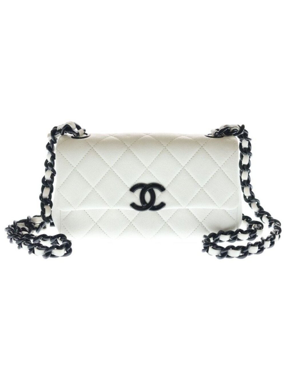 Chanel CC Logo Small Flap Shoulder Bag Chain White Caviar Leather Black